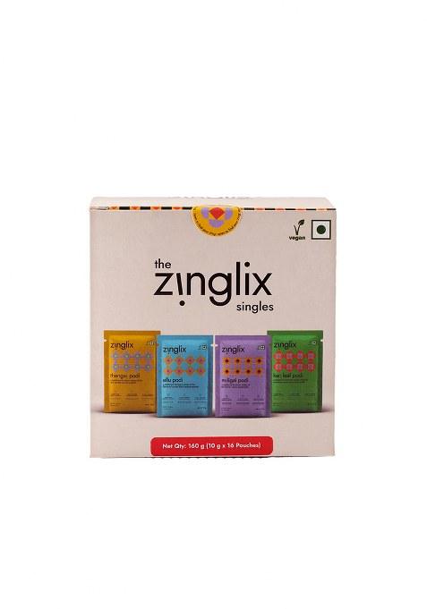 Zinglix Szn Ing / Assorted Pack - Singles 4-In1 Podis (Spice Powders) 160 G 4 Single Use Pouches (10 G) Of Varieties Premium Spice Blends Authentic Heritage Recipe Vegan No Preservatives Artificial Flavors Ready-To-Eat All-Purpose Top Up Seasoning