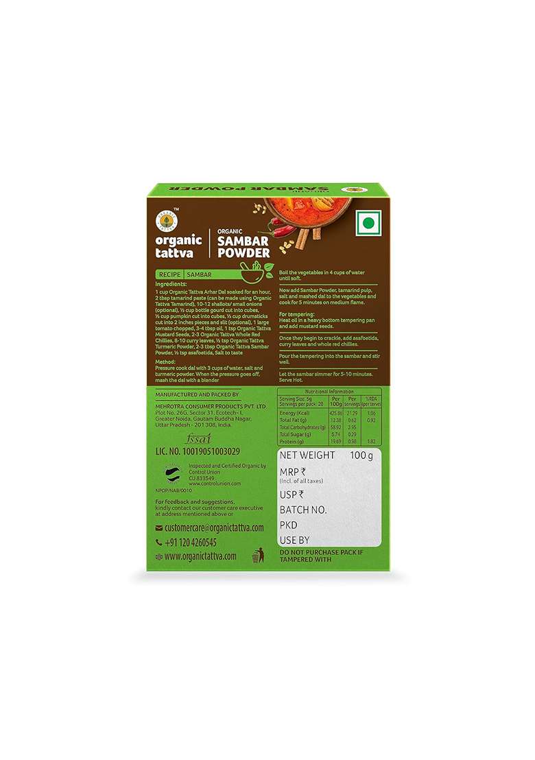 Organic Tattva Sambar Masala, 100G - Indya