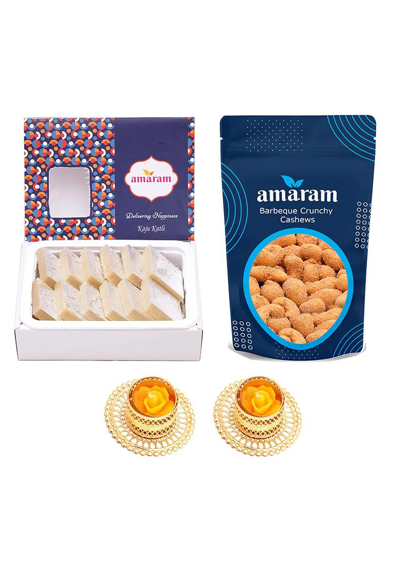 Amaram By Ghasitaram Best Of 2 Kaju Katli And Crunchy Cashews With T-Lites|Dryfruit Gift Hamper|Dry Fruit Combo Pack Offer|Dry Pack|Dry Box|Diwali Dry Box|Mix Nut|