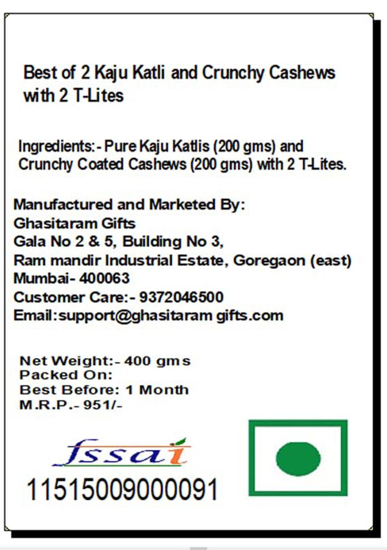 Amaram By Ghasitaram Best Of 2 Kaju Katli And Crunchy Cashews With T-Lites|Dryfruit Gift Hamper|Dry Fruit Combo Pack Offer|Dry Pack|Dry Box|Diwali Dry Box|Mix Nut|