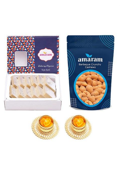 Amaram By Ghasitaram Best Of 2 Kaju Katli And Crunchy Cashews With T-Lites|Dryfruit Gift Hamper|Dry Fruit Combo Pack Offer|Dry Pack|Dry Box|Diwali Dry Box|Mix Nut|