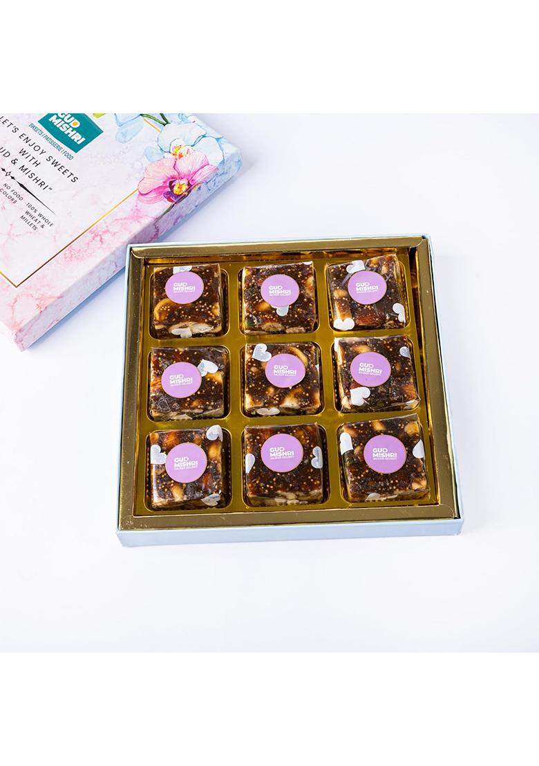 Gud Mishri Anjeer Delight 9 Pcs | Premium Dry Fruit Sweet With Anjeer, Kaju, Badam, Pista, Kishmish & Honey No Refined Sugar, Food Colour Healthy Indian Mithai For Gifting Festive Celebrations