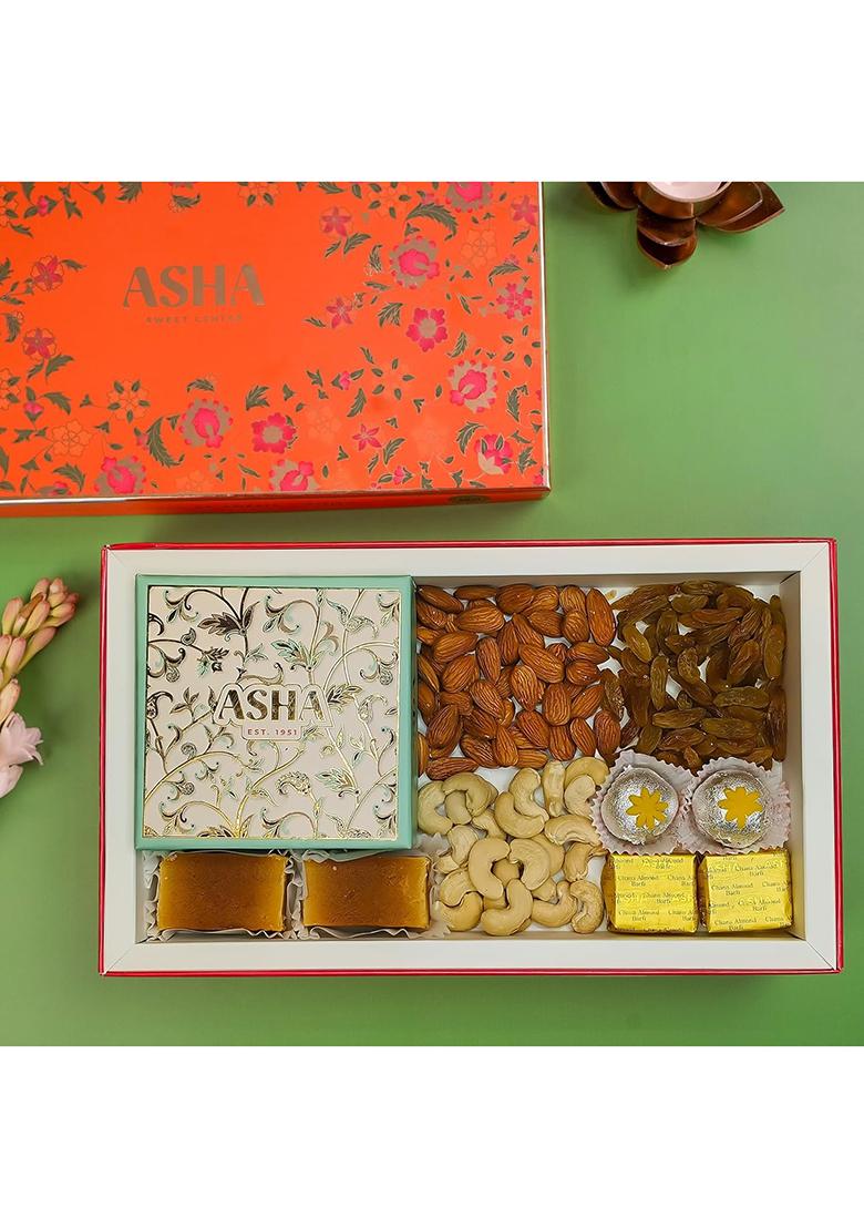 Asha Sweet Center Sweets Corporate Gift Hamper | Premium Assorted Box With Dryfruit Trial Mix Gifting For Employees, Clients & Colleagues |Traditional Mithai Pack Office Celebrations