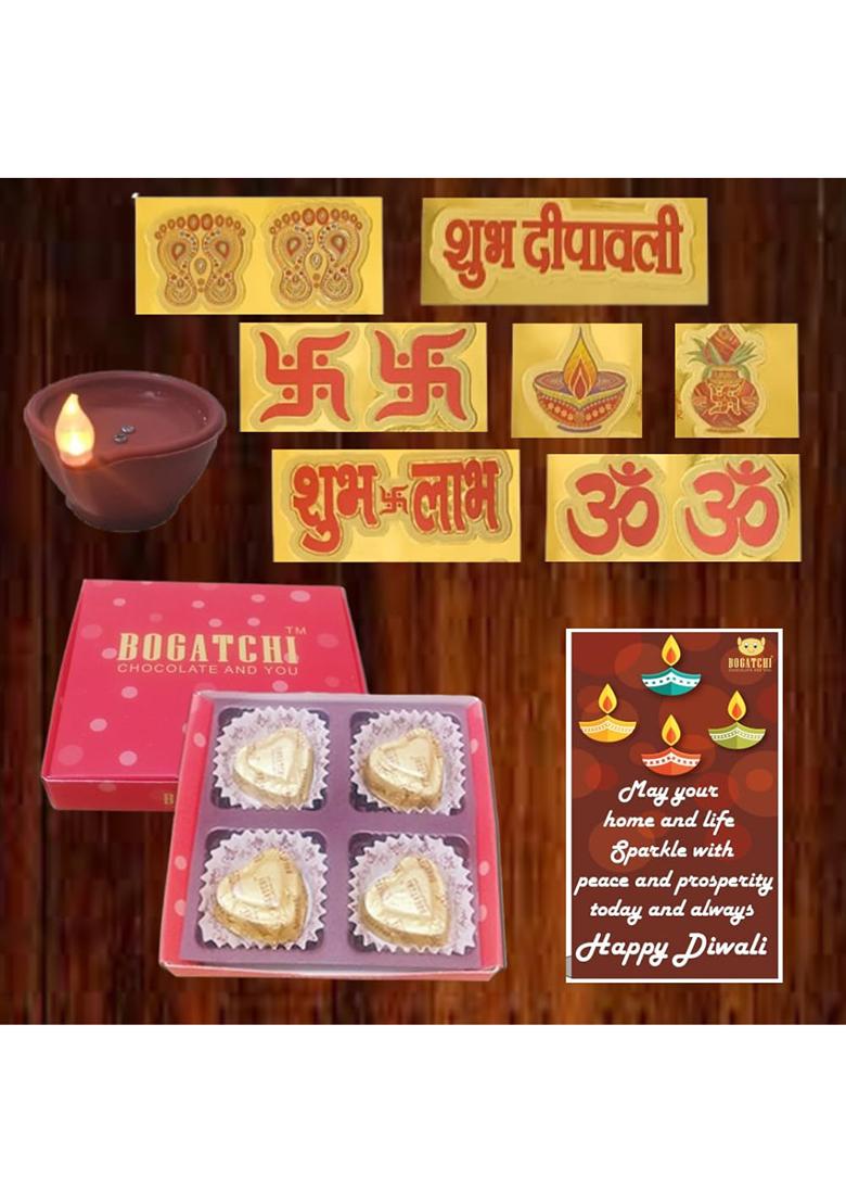 Bogatchi 4 Chocolate Box T-Light Holders With Sticker | Traditional & Fun Diwali Hamper For Loved Ones Corporate Gifting Pack Of 3, 40G