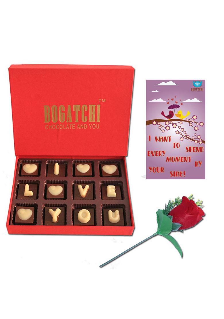 Bogatchi Chocolates Valentine Day Gift For Husband, Love Box, 120G + Free V-Day Card Rose