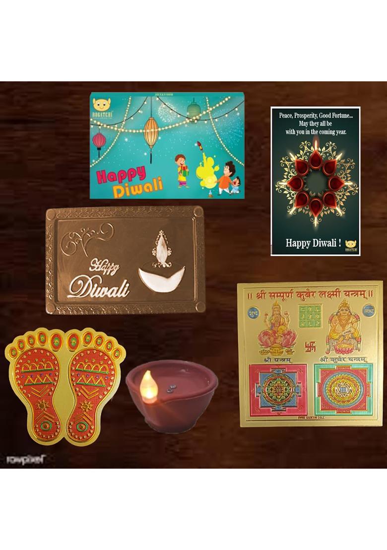 Bogatchi Diwali Dark Bar Led Diyas With Mata Feet & Shri Yantra | Sweet Festive Gift Hamper For Family, Friends Corporate Pack Of 4, 70G