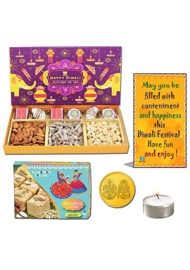 Bogatchi Diwali Gift Pack, Chocolate, Sweets And Dry Fruits Combo, 470G + Free Real Gold Plated Coin , Greeting Card