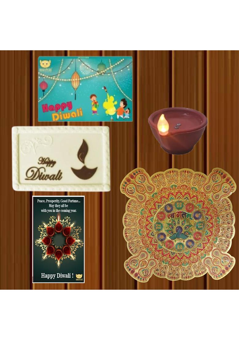 Bogatchi Diwali White Bar Led Diyas With Rangoli | Sweet & Festive Gift Hamper For Family, Friends Corporate Gifting Pack Of 3, 70G