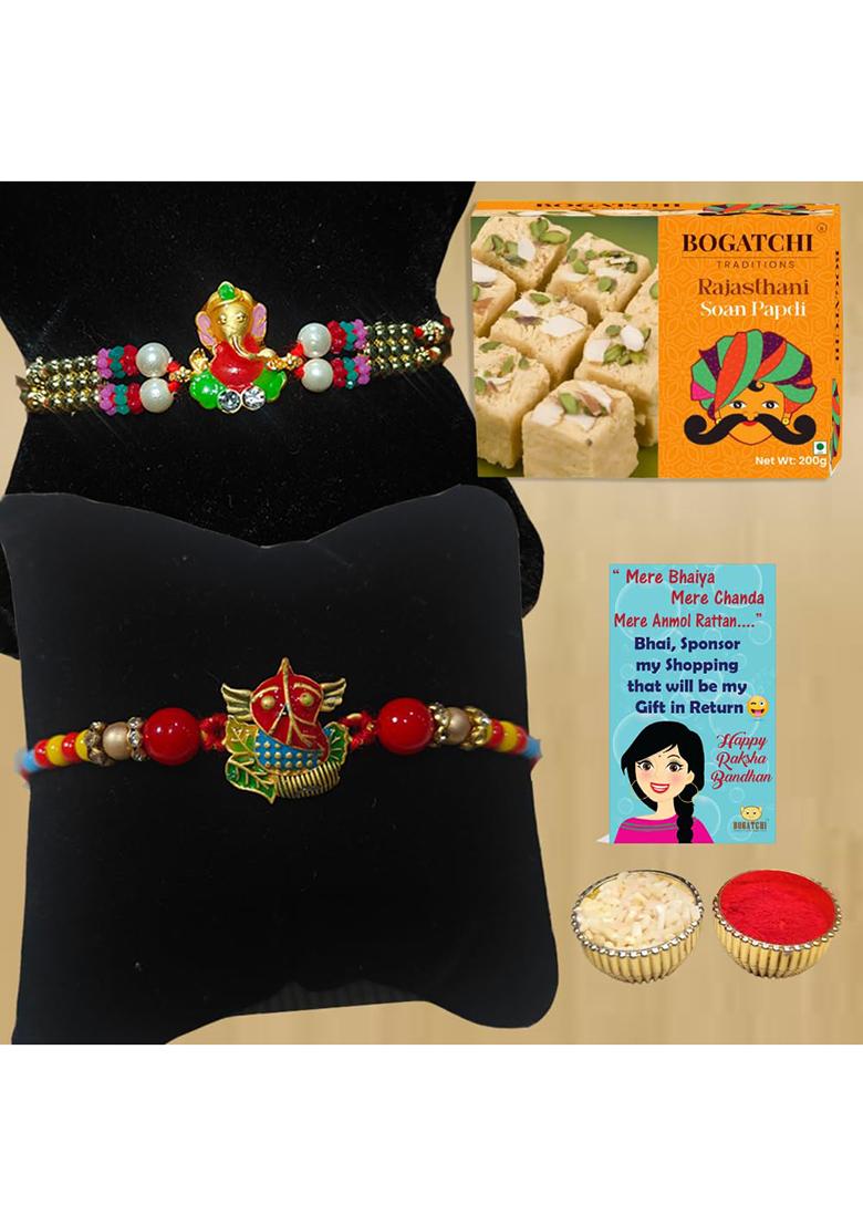 Bogatchi Rakhi Celebration Hamper 2 Rakhis With Soan Papdi, Roli Chawal & Greeting Card Raksha Bandhan Festival Gift Box For Brother Sister'S (Pack Of 1, 200G)