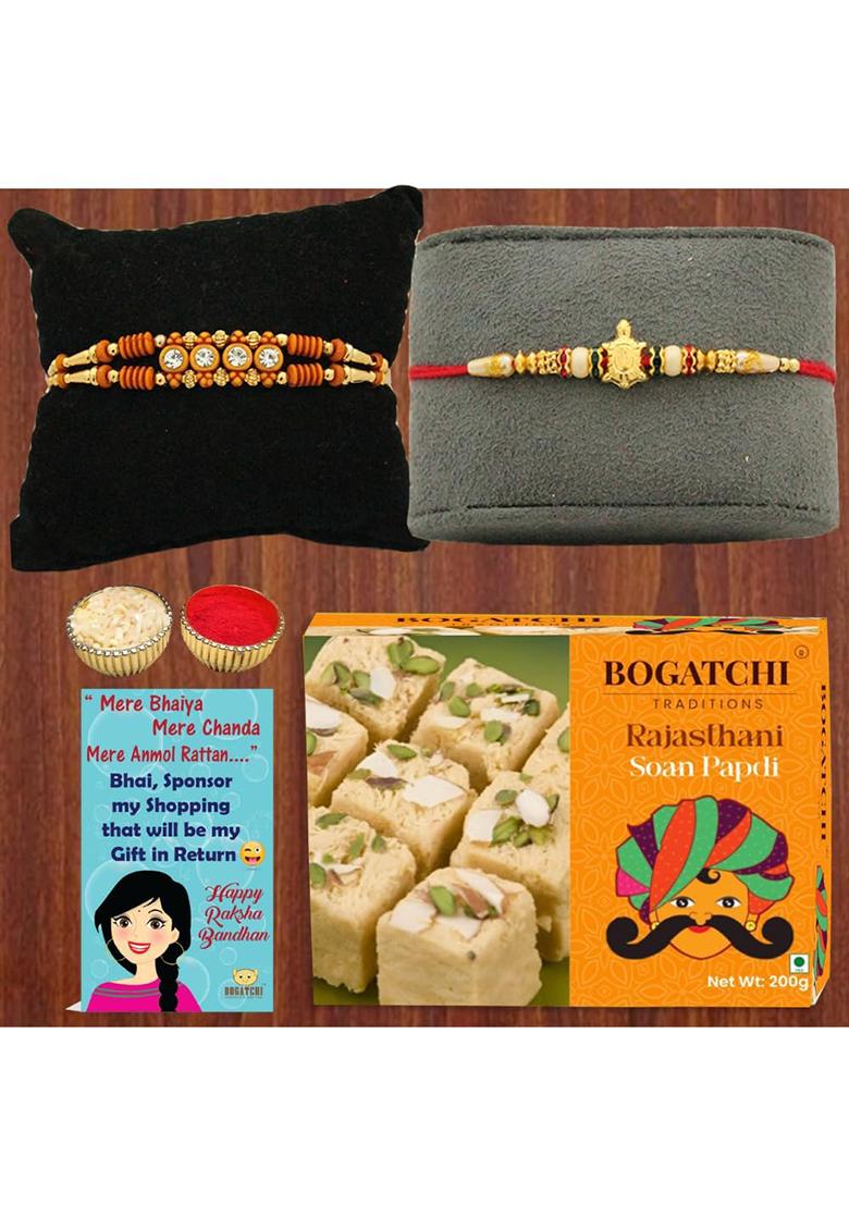 Bogatchi Rakhi Festival Gift Box 2 Rakhis With Soan Papdi, Roli Chawal & Greeting Card Raksha Bandhan For Brothers Sisters (Pack Of 1, 200G)