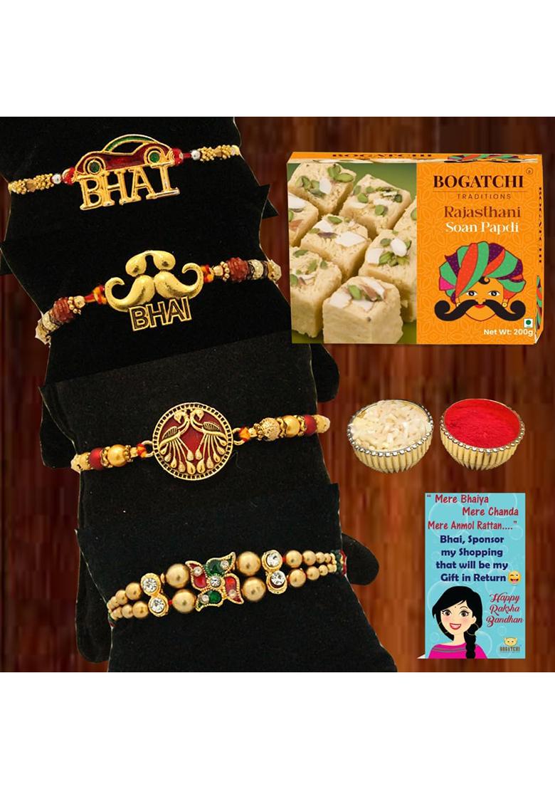 Bogatchi Rakhi Gift Box 4 Threads With Soan Papdi, Roli Chawal & Greeting Card Raksha Bandhan For Brothers (Pack Of 1, 200G)