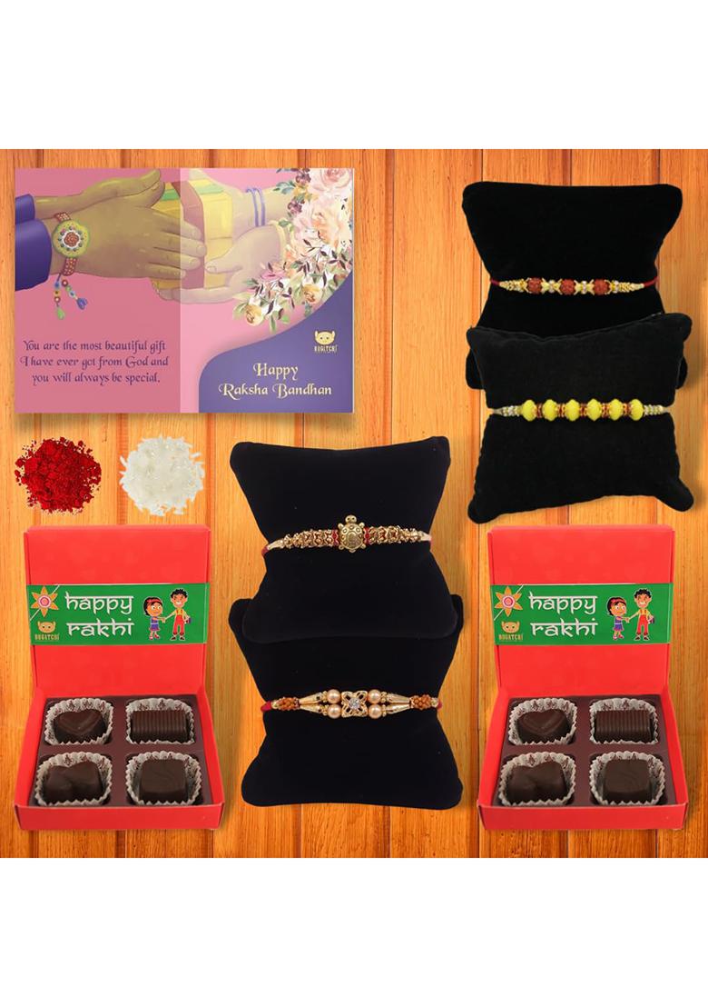 Bogatchi Rakhi Gift Combo Set Of 5 Traditional For Brother With Chocolate Box, Raksha Bandhan Greeting Card, Roli Chawal & Decorative Packaging Special Hamper