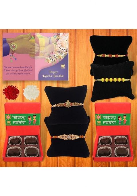 Bogatchi Rakhi Gift Combo Set Of 5 Traditional For Brother With Chocolate Box, Raksha Bandhan Greeting Card, Roli Chawal & Decorative Packaging Special Hamper