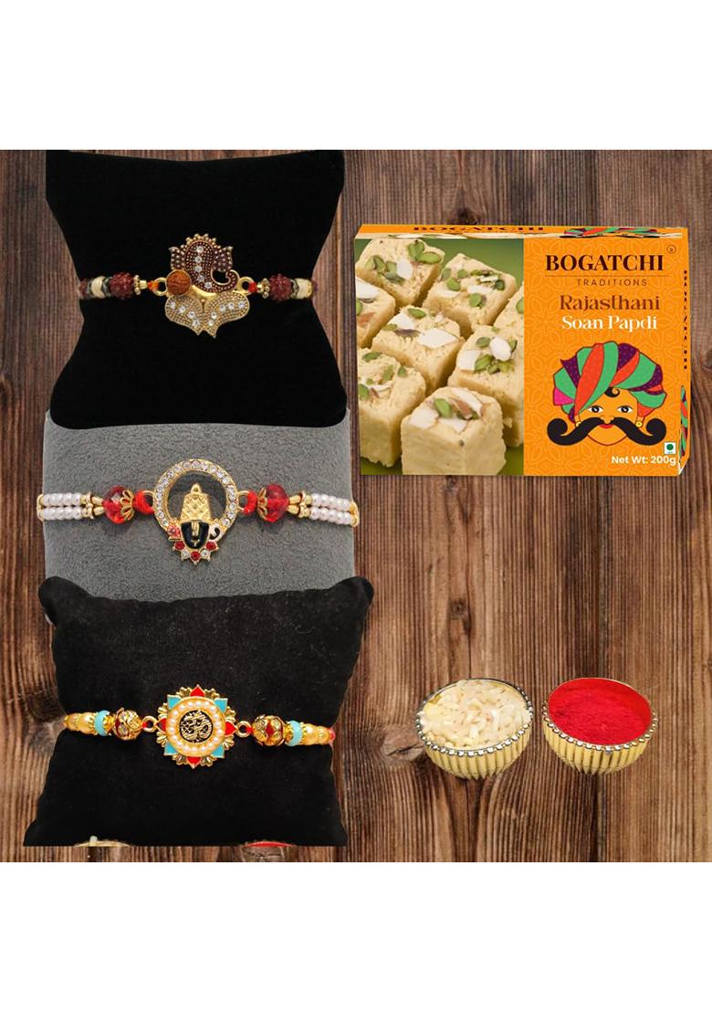 Bogatchi Rakhi Gift Pack 3 Rakhis With Soan Papdi, Roli Chawal & Greeting Card Raksha Bandhan Festival Celebration Box For Brother'S Sister (Pack Of 1, 200G)