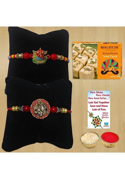 Bogatchi Rakhi Gift Set 2 Rakhis With Soan Papdi, Roli Chawal & Greeting Card Raksha Bandhan Box For Bhaiya Bhabhi (Pack Of 1, 200G)