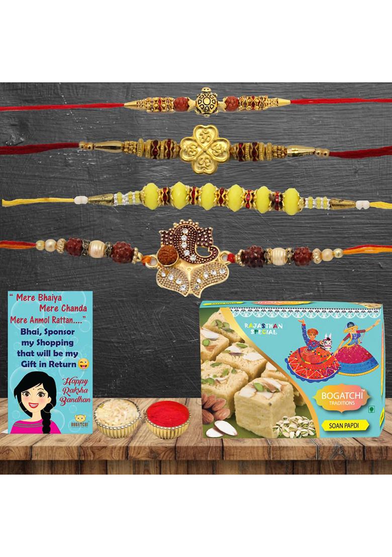 Bogatchi Rakhi Gift Set 4 Threads With Soan Papdi, Roli Chawal & Greeting Card Celebration Box For Raksha Bandhan Festival (Pack Of 1, 200G)