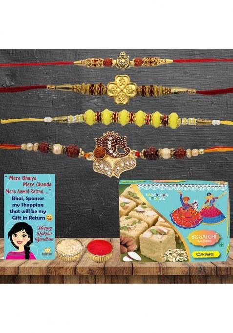 Bogatchi Rakhi Gift Set 4 Threads With Soan Papdi, Roli Chawal & Greeting Card Celebration Box For Raksha Bandhan Festival (Pack Of 1, 200G)