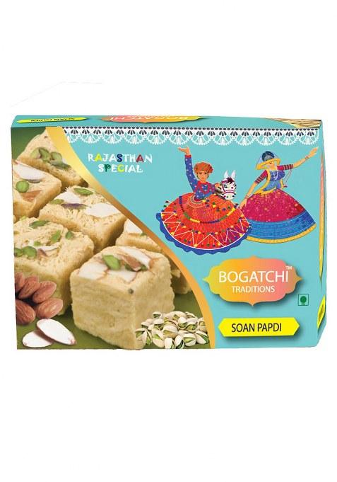 Bogatchi Rakhi Gift Set 4 Threads With Soan Papdi, Roli Chawal & Greeting Card Celebration Box For Raksha Bandhan Festival (Pack Of 1, 200G)