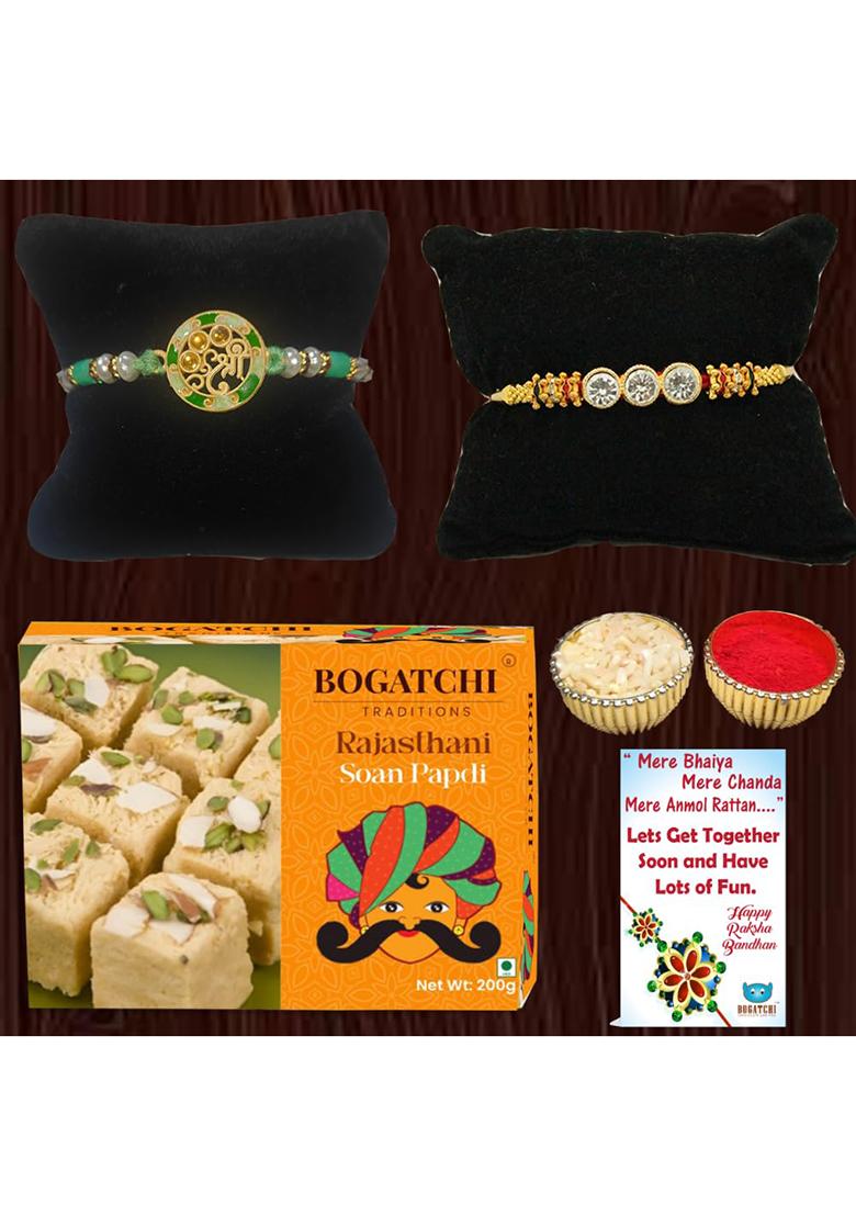 Bogatchi Raksha Bandhan Gift Box 2 Designer Rakhis With Soan Papdi, Roli Chawal & Card For Bhai Bhabhi (Pack Of 1, 200G)