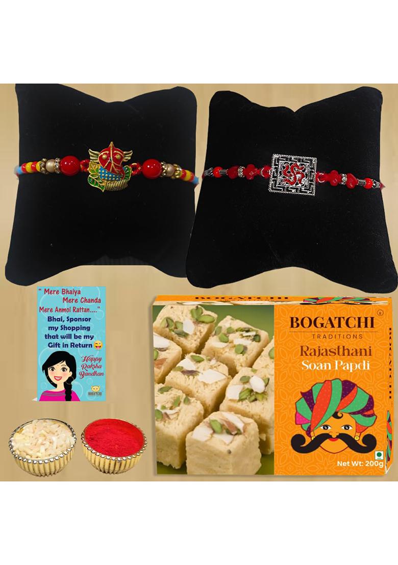 Bogatchi Raksha Bandhan Gift Box 2 Rakhis With Soan Papdi, Roli Chawal & Greeting Card Festive Rakhi Set For Brothers (Pack Of 1, 200G)