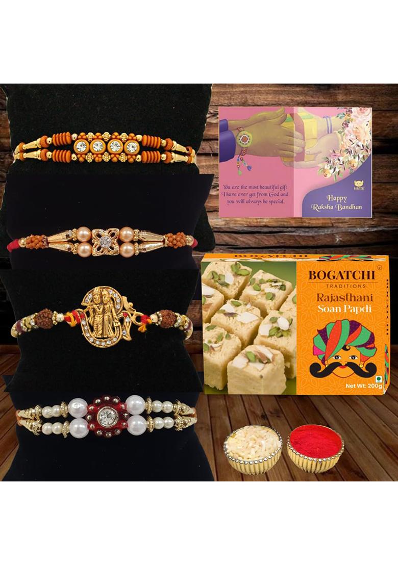 Bogatchi Raksha Bandhan Gift Box 4 Rakhis With Soan Papdi, Roli Chawal & Greeting Card Rakhi Festival Hamper For Brothers Sister'S (Pack Of 1, 200G)