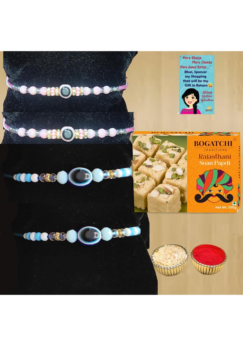 Bogatchi Raksha Bandhan Gift Box 4 Rakhis With Soan Papdi, Roli Chawal & Greeting Card Rakhi Set For Brothers Sister'S (Pack Of 1, 200G)