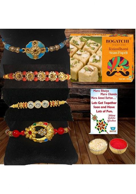 Bogatchi Raksha Bandhan Gift Box 4 Rakhis With Soan Papdi, Roli Chawal & Greeting Card Rakhi Festival Pack For Brothers (Pack Of 1, 200G)