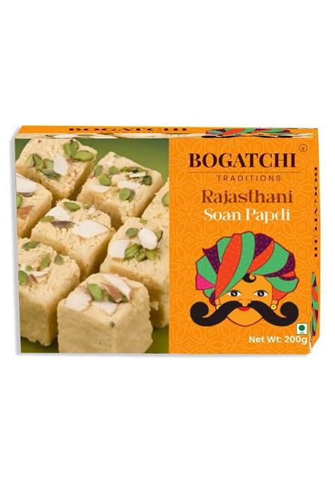 Bogatchi Raksha Bandhan Gift Box 4 Rakhis With Soan Papdi, Roli Chawal & Greeting Card Rakhi Festival Pack For Brothers (Pack Of 1, 200G)