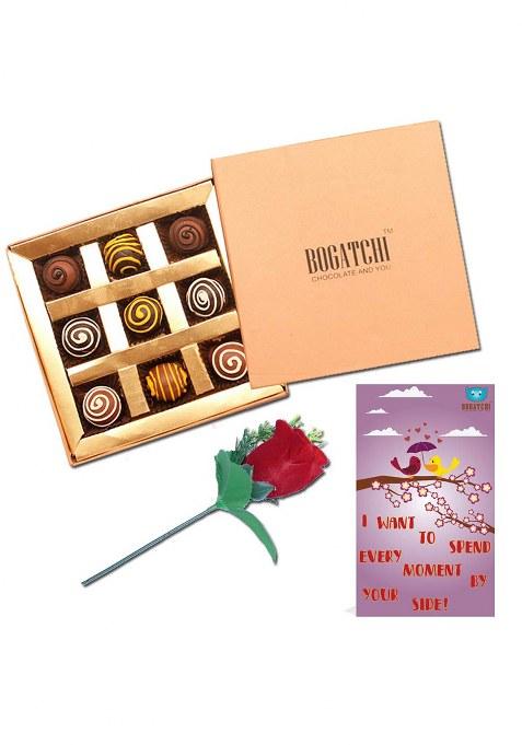 Bogatchi Valentines Day Chocolate Gift, Valentine Box, Truffle, 9Pcs + Free V-Day Card Rose