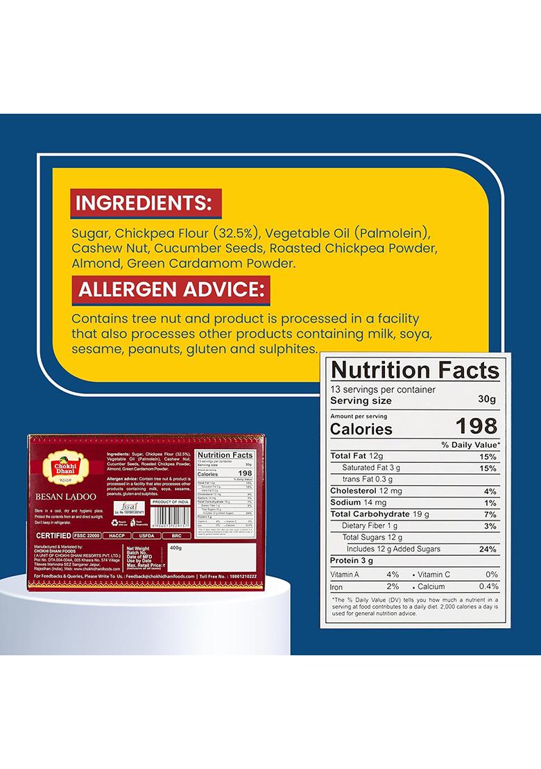 Chokhi Dhani Besan Ladoo 400G | Premium Indian Sweet With Almonds & Cashew Nuts Traditional Mithai Gift Box Authentic Festive Wedding Pack Of 1