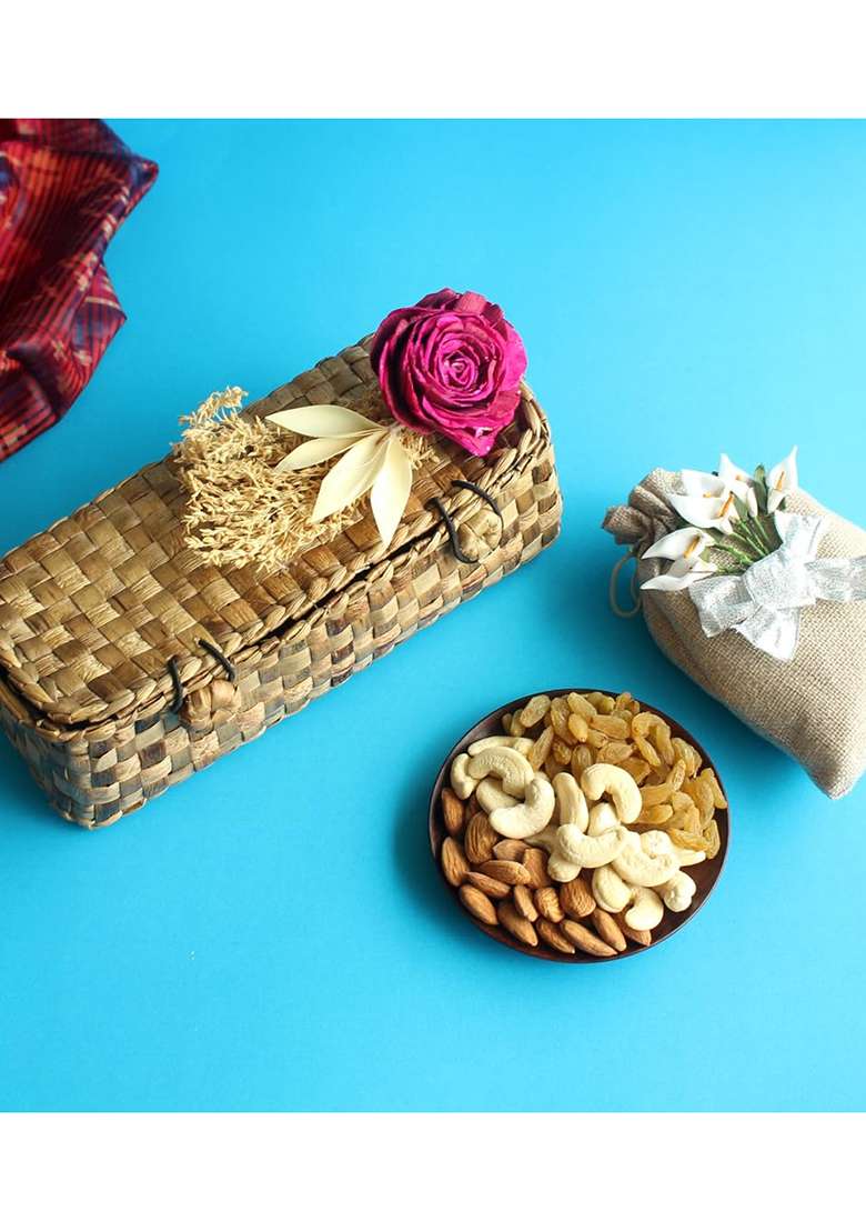 Dessert Drama Almond 100G, Cashew 100 Gm, Raisin 100G In Royal Golden Organza Potali With Ecofriendly Lotus Decorated Jute Box - Indya