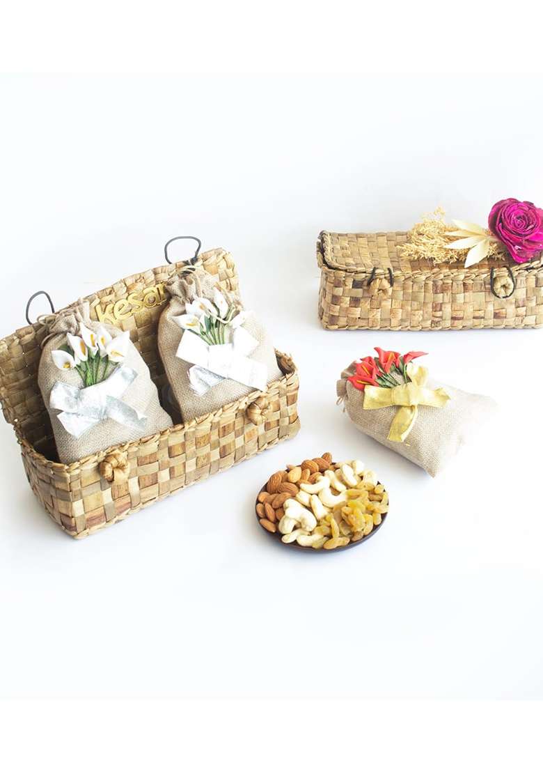 Dessert Drama Almond 100G, Cashew 100 Gm, Raisin 100G In Royal Golden Organza Potali With Ecofriendly Lotus Decorated Jute Box - Indya