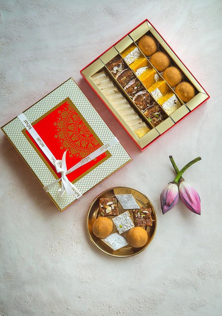 Dessert Drama Diwali Special Healthy Mix Sweets Indian Mithai (Besan Ladoo, Kaju Katli, Moong Thal, And Dodha Barfi)