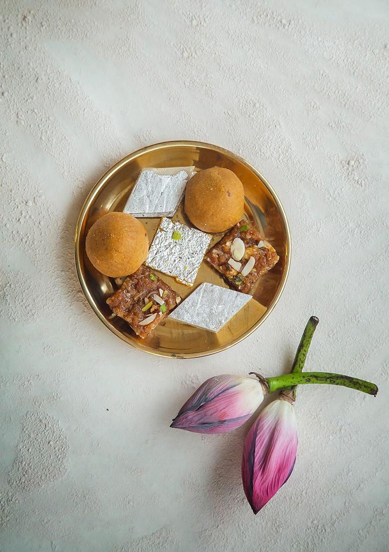 Dessert Drama Diwali Special Healthy Mix Sweets Indian Mithai (Besan Ladoo, Kaju Katli, Moong Thal, And Dodha Barfi)