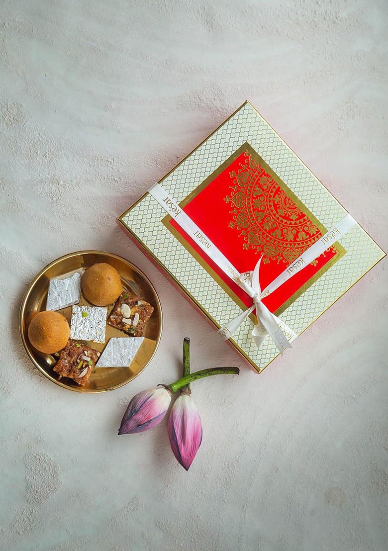 Dessert Drama Diwali Special Healthy Mix Sweets Indian Mithai (Besan Ladoo, Kaju Katli, Moong Thal, And Dodha Barfi)