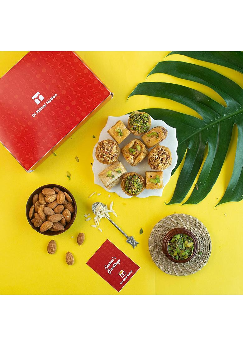 Di Mithai Nation Baklava (400 Gram) With Padmini Red Bhaiya Bhabhi Rakhi Set Sweets Gift Pack