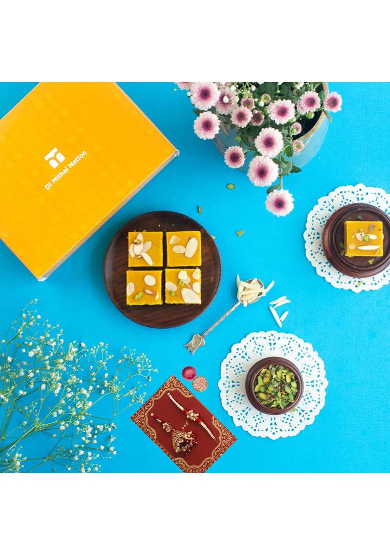 Di Mithai Nation Besan Chakki (200 Gram) With Green Padmini Red Bhaiya Bhabhi Rakhi Set Sweets Gift Pack