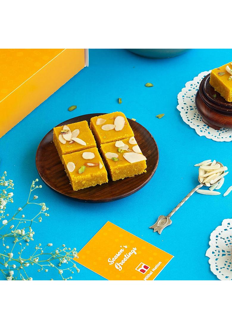 Di Mithai Nation Besan Chakki (200 Gram) With Green Padmini Red Bhaiya Bhabhi Rakhi Set Sweets Gift Pack