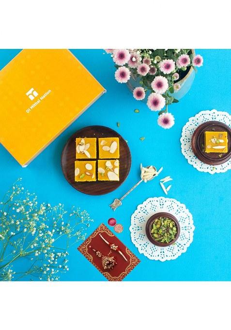 Di Mithai Nation Besan Chakki (200 Gram) With Green Padmini Red Bhaiya Bhabhi Rakhi Set Sweets Gift Pack