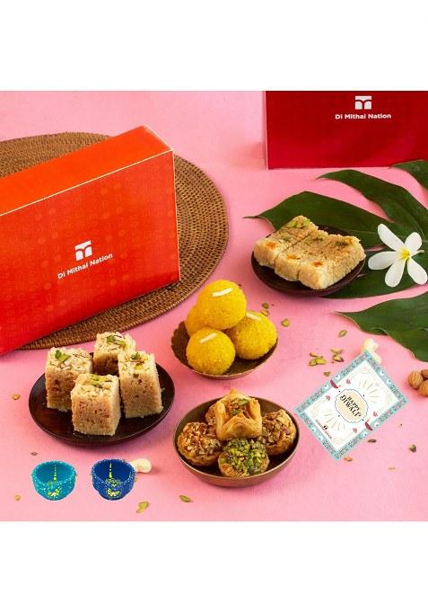 Di Mithai Nation Diwali Special Milk Cake (200 Gram) With Baklava Mysore Pak Motichoor Laddoo Traditional Delicious Indian Desert 2 Diya Or Greeting Card