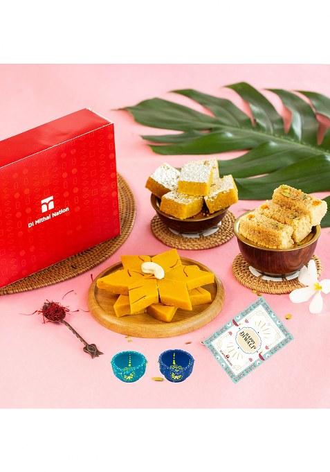 Di Mithai Nation Diwali Special Milk Cake (200 Gram) With Kesar Katli Moong Thal Traditional Delicious Indian Desert 2 Diya Or Greeting Card