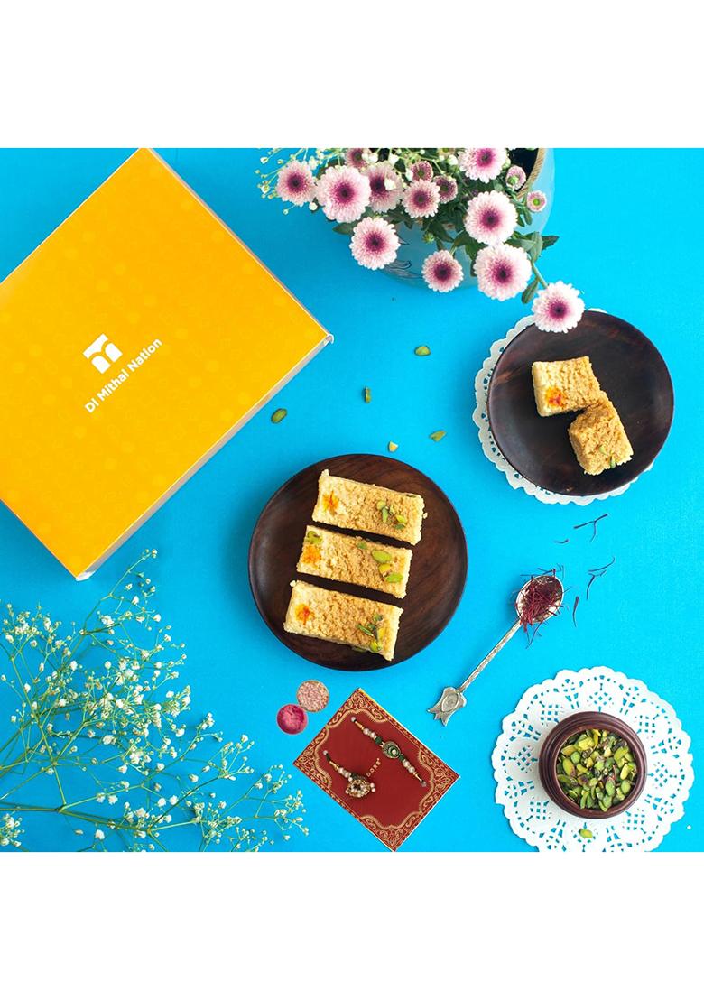 Di Mithai Nation Milk Cake (200 Gram) With Green Pearl Bhaiya Bhabhi Rakhi Set Sweets Gift Pack