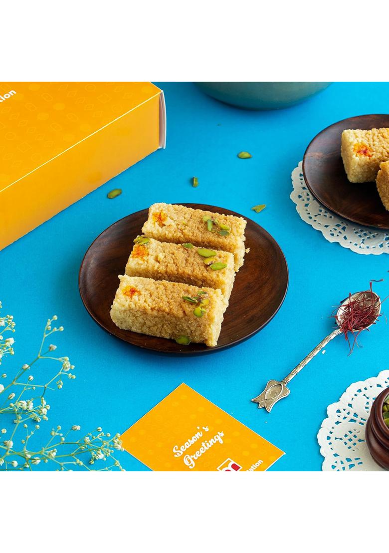 Di Mithai Nation Milk Cake, Kesar Katli Moong Thal With Elegant Om Rakhi Set Of 2 For Rakshabandhan