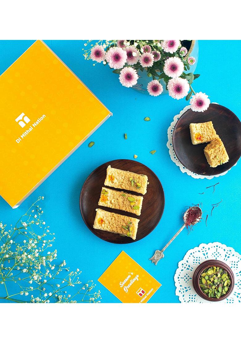 Di Mithai Nation Milk Cake, Kesar Katli Moong Thal With Elegant Om Rakhi Set Of 2 For Rakshabandhan