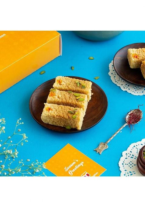 Di Mithai Nation Milk Cake, Kesar Katli Moong Thal With Elegant Om Rakhi Set Of 2 For Rakshabandhan