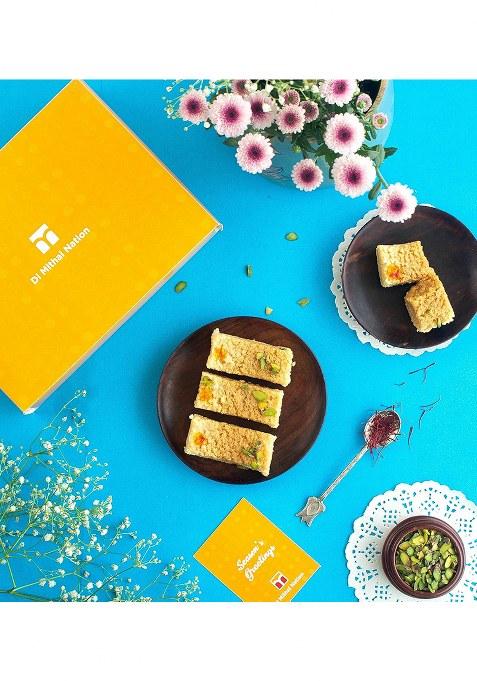 Di Mithai Nation Milk Cake, Kesar Katli Moong Thal With Elegant Om Rakhi Set Of 2 For Rakshabandhan