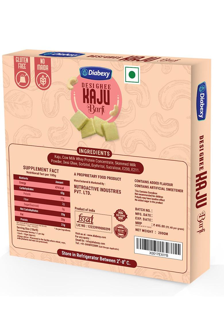 Diabexy Sugar Free Kaju Katli/Barfi | Diabetes Friendly Sweet/Mithai For Diabetics Made With Desi Ghee No Sweets- 200G