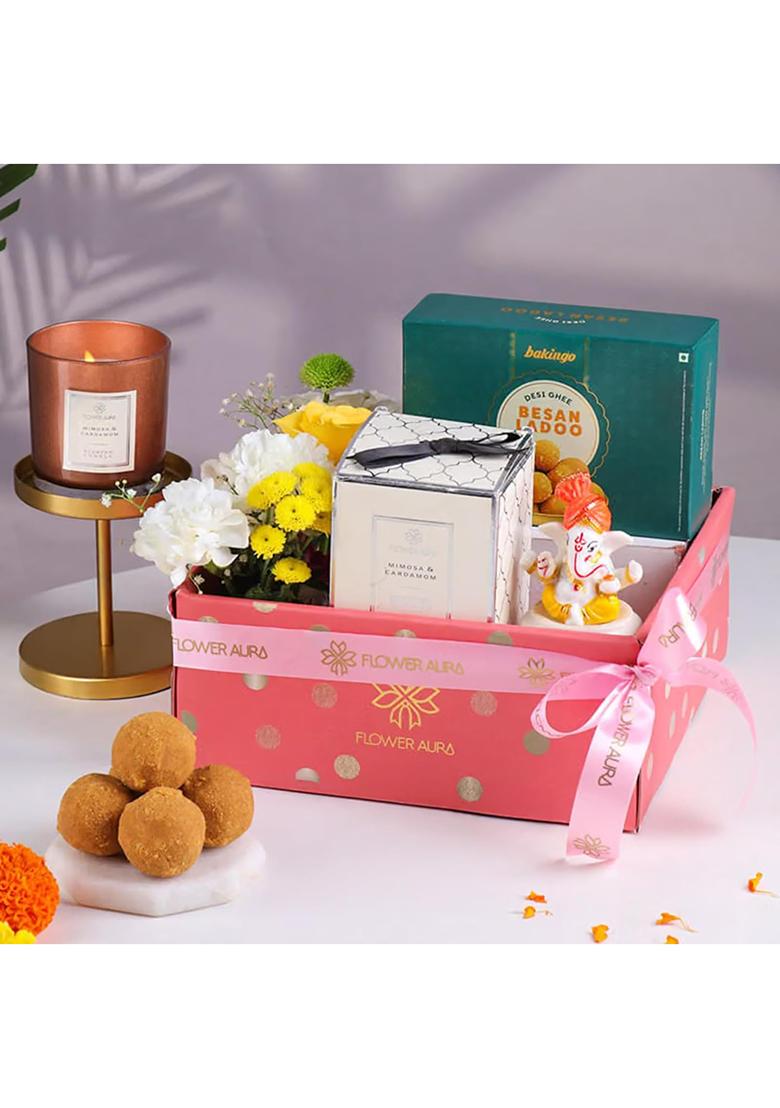 Floweraura Premium Diwali Gift Box Of Fresh Live Flowers, Scented Candles, Ganesha Idol, Besan Laddoo, | Corporate Gifting Tradational For Relatives & Friends (Same Day Delivery)