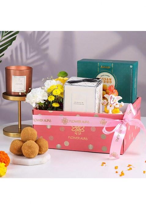 Floweraura Premium Diwali Gift Box Of Fresh Live Flowers, Scented Candles, Ganesha Idol, Besan Laddoo, | Corporate Gifting Tradational For Relatives & Friends (Same Day Delivery)