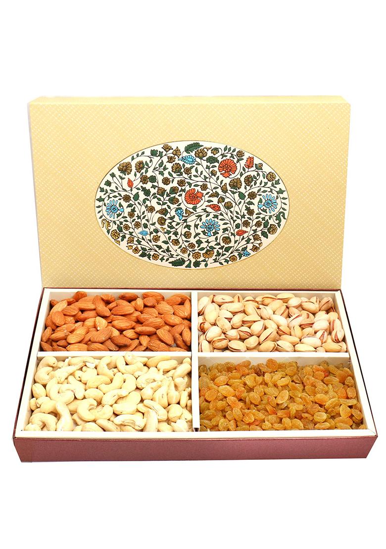 Ghasitaram Gifts 4 Part Echo Print Dryfruit Box 600 Gms|Dry Fruit Combo Pack Offer|Dry Gift Pack|Dry Box|Diwali Dry Box|
